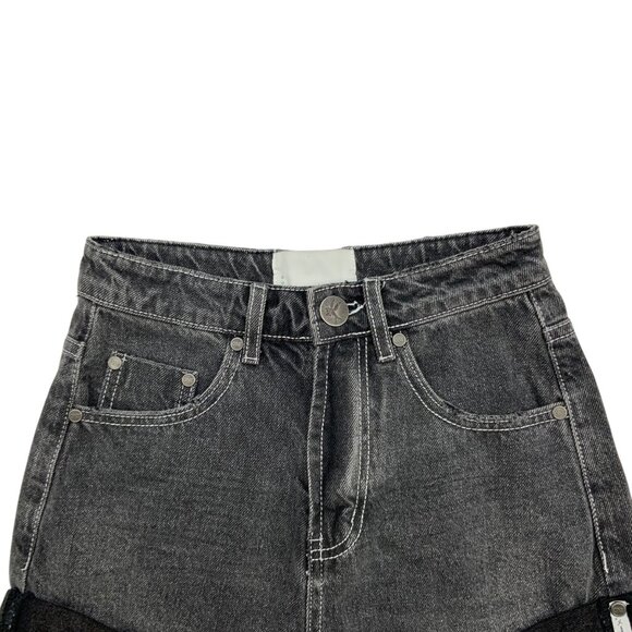 One Teaspoon High Waist Bandits Denim Short 24 Charcoal Roll Cuff Zip Fly - Picture 7 of 12